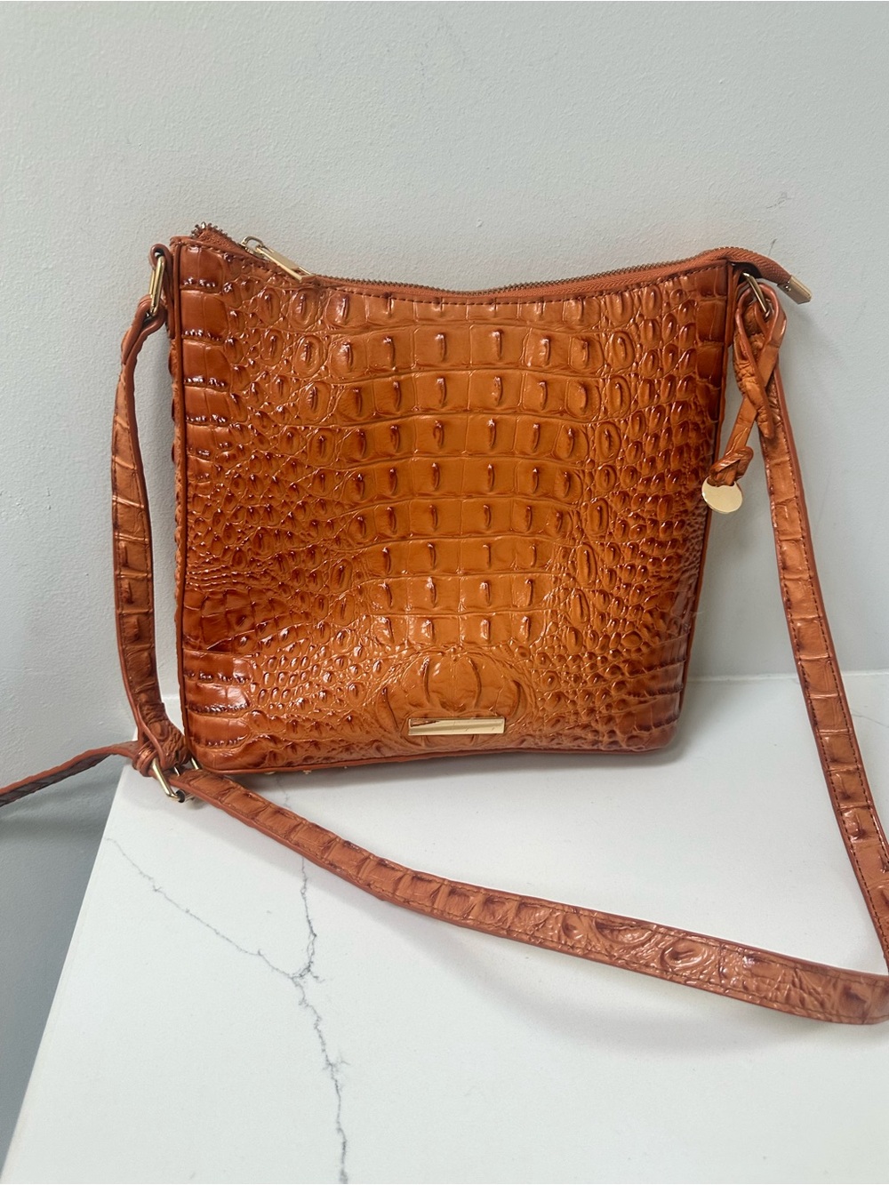 Faux Croc-Embossed Crossbody Bag in Cognac Brown